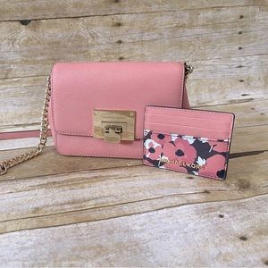 Coral Michael Kors Adjustable Cross body with matching card holder